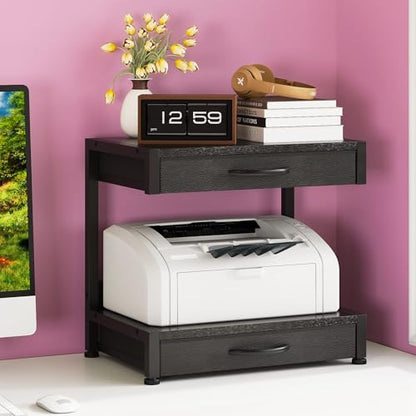 VENNQD 2-Tier Desktop Printer Stand with 2 Fabric Drawers, Prtiner Table with Storage Shelf, Desk Organizer for Home Office,3D Printer,Fax Machine,Scanner (Black, 2 Tier) - color: Black