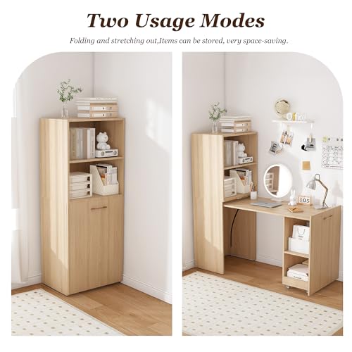 Light Wood Small Folding Desk with Storage Shelves & Bookcase(Natural.) | Expandable Hidden Computer Desk, Space-Saving Pull Out Murphy Table, Writing Table with Wheels for Home Office Bedroom - color: Natural Wood.