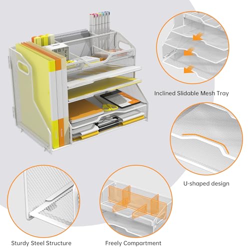 YINGHUA 5-Tier Mesh Desk Organizer and File Holder, Letter Tray - White - color: 5 Tier With File Holder-white