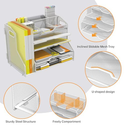 YINGHUA 5-Tier Mesh Desk Organizer and File Holder, Letter Tray - White - color: 5 Tier With File Holder-white