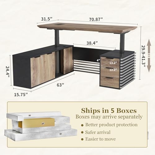 SAINTCY L Shaped Executive Standing Desk with Drawers, 70.87In Large Modern Adjustable Heigh Office Desk w/File Cabinet, AC/USB, 2.56" Thick Floating Desktop,for Home Office, Studio - color: Right, size: 62.99"D x 70.87"W x 29.5"H