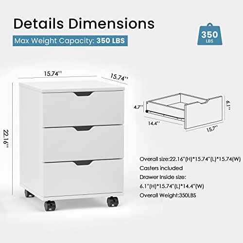 Farini Mobile File Cabinet for Home Office, 3 Drawer Chest Wood, Drawers Unit for Under Desk, Storage Drawers Cabinet White - color: White