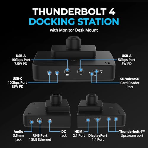 SABRENT Thunderbolt 4 Docking Station with Monitor Desk Mount, Gas-Lift Arm, 4 USB Ports, UHS-II Card Reader, Gigabit Ethernet, HDMI, DisplayPort, 8K/4K, VESA Mount for Monitors up to 32” (DS-T4WA) - style: Thunderbolt 4 Dock w/ Monitor Mount