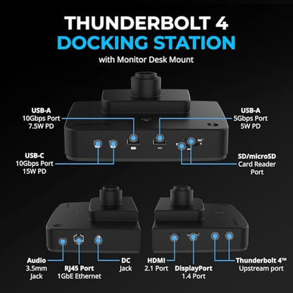 SABRENT Thunderbolt 4 Docking Station with Monitor Desk Mount, Gas-Lift Arm, 4 USB Ports, UHS-II Card Reader, Gigabit Ethernet, HDMI, DisplayPort, 8K/4K, VESA Mount for Monitors up to 32” (DS-T4WA) - style: Thunderbolt 4 Dock w/ Monitor Mount