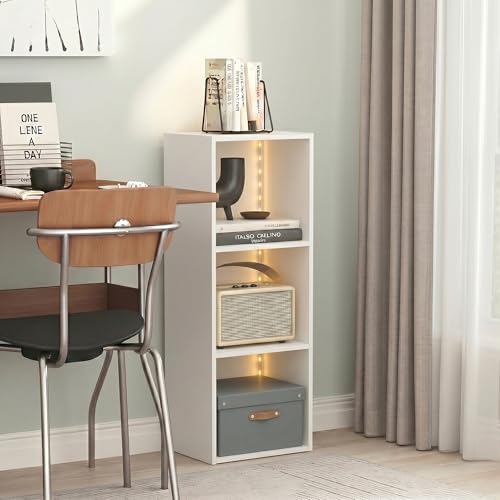 Furinno LUDER Book Shelf with LED Lights, 3-Cube Bookshelf, Bookcase, 9.3 x 12 x 31.5, for Home Office, Living Room, Study Room, White - color: White, size: 3-Cube LED