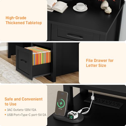Vabches 47" Farmhouse Executive Desk with 3 Drawers,LED Lights,Pure Black - color: Pure Black, size: 3 Drawers & Monitor Stand