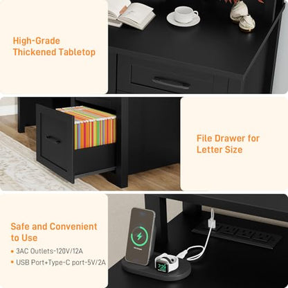 Vabches 47" Farmhouse Executive Desk with 3 Drawers,LED Lights,Pure Black - color: Pure Black, size: 3 Drawers & Monitor Stand