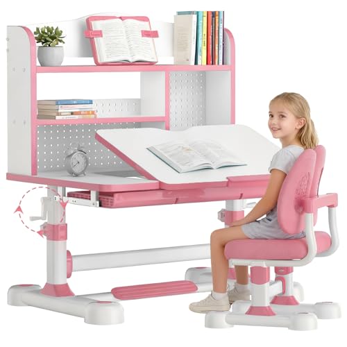 Kid Study Desk and Chair Set 3-12 Height Adjustable Ergonomic Desk | School Art Desk, 50° Tiltable Desktop, Easy-Turn Crank, Storage Drawer & Built-in Bookstand for Children Boys & Girls - color: 013-pink-31.5in