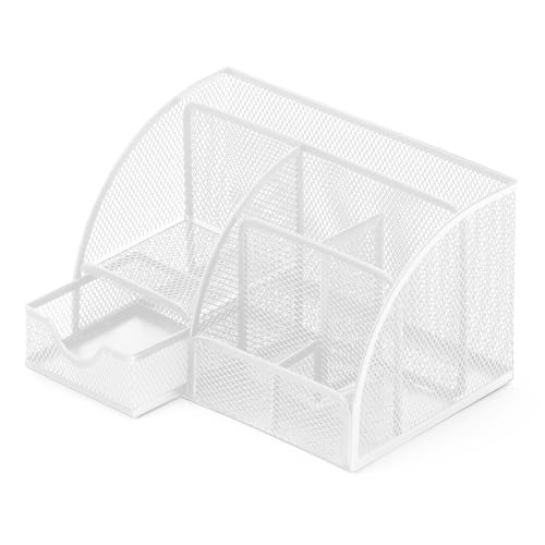 Boutilon Mesh Desk Organizer Desktop Office Supplies Stationary Organizer with 6 Compartments and 1 Drawer Multi-Functional Caddy Pen Holder for Home Office School Desk Decor(White) - color: White