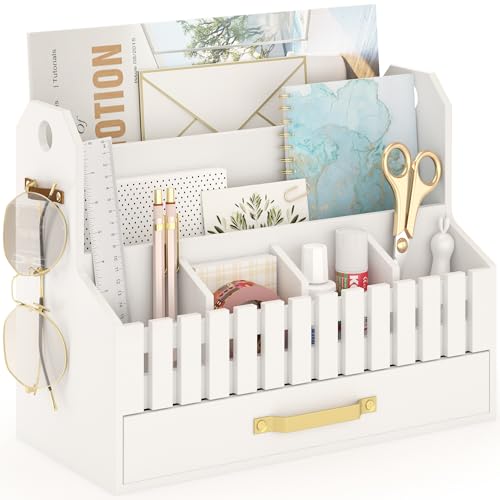 Bamboo Mail Organizer Countertop with Drawers, Wood Desk File Organizer Desktop Paper Organization Storage Bill & Letter Sorter Holder for School Home Office Supplies, No Assembly Required (White) - color: White