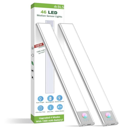 BLS Under Cabinet Lights, 46 LED lights Battery Operated Motion Sensor Light Indoor, USB C Rechargeable Closet Lights Motion Sensored, 1500mah Wireless Magnetic Light for Kitchen Night Stairs (2 Pack) - color: Cool White- 9.5 inch