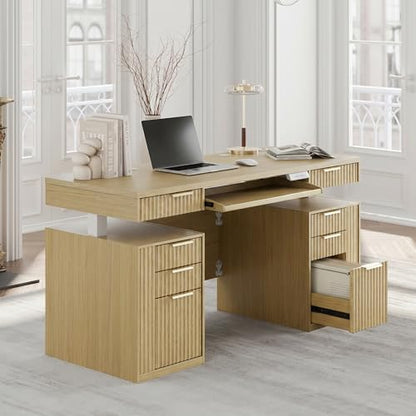 59 Inch Electric Standing Desk with Drawers, Light Walnut | Executive Standing Desk with Keyboard Tray, 8 Storage Drawers, File Cabinet, AC/USB, Fluted Stand Up Desk with Privacy Panel