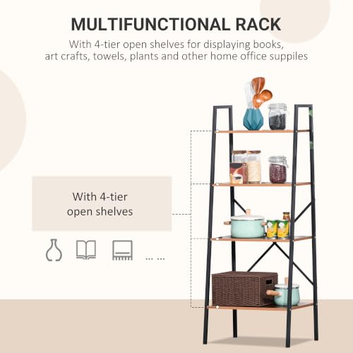 HOMCOM Ladder Shelf Bookshelf, 4 Tier, Wood Metal Frame, Distressed Brown