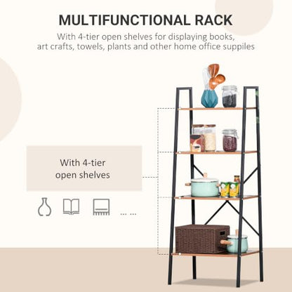 HOMCOM Ladder Shelf Bookshelf, 4 Tier, Wood Metal Frame, Distressed Brown