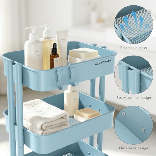 3 Tier Rolling Cart Metal Utility Cart with Lockable Wheels Home Office - color: Blue, size: Small