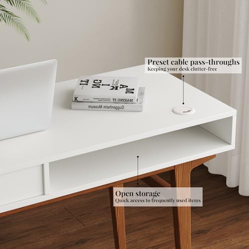 White Computer Desk with Drawers - 45 inch Minimalist Small Solid Wood Mid-Century Modern Office Desk for Home - Boho Style Writing Table with Open Storage,Light Wooden Desk Workspace