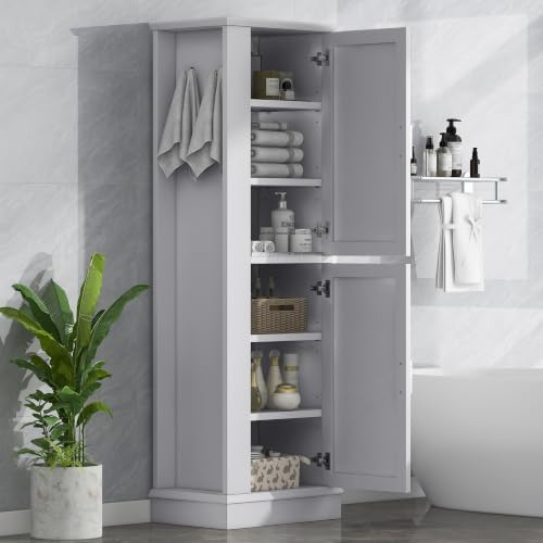 Tall Freestanding Storage Cabinet, Multi-Purpose Floor Organizer with 2 Doors, Hook and Adjustable Shelf for Bathroom, Office, Grey - color: Grey/Adjustable Shelf