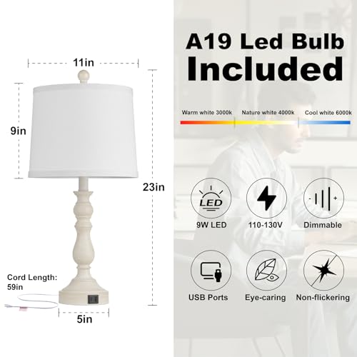 23'' Table Lamps Set of 2, Lamps for Bedroom, USB C+A Ports, Beige - color: B.White, Grey