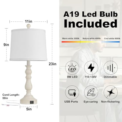 23'' Table Lamps Set of 2, Lamps for Bedroom, USB C+A Ports, Beige - color: B.White, Grey