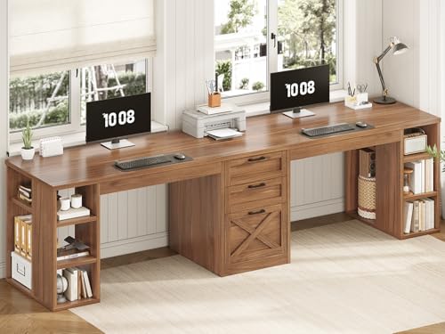 SEDETA Farmhouse 96.5" 2 Person Computer Desk with Drawers for Home Office | Gaming Double Desk with Storage Shelves, Long Two Person Writing Desk, Brown - color: Brown