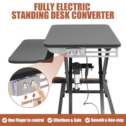 Electric Standing Desk Converter with Keyboard Tray, 26x16 Inch, Height Adjustable Sit to Stand Desk Riser with Unique Side Cover and Wooden Feet, Small Motorized Monitor Riser for Office & Home
