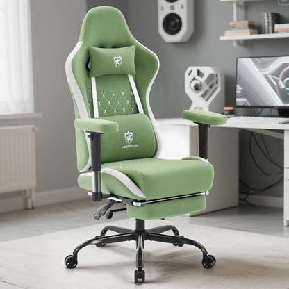 Gaming Chair,Computer Office Chair with Footrest,Massage,Green | Breathable Fabric,Gel Pad,Ergonomic,Spring Cushion,High Back,2D Adjustable Arms,Reclining,Lumbar Support,Headrest,Gamer Chair - color: Green
