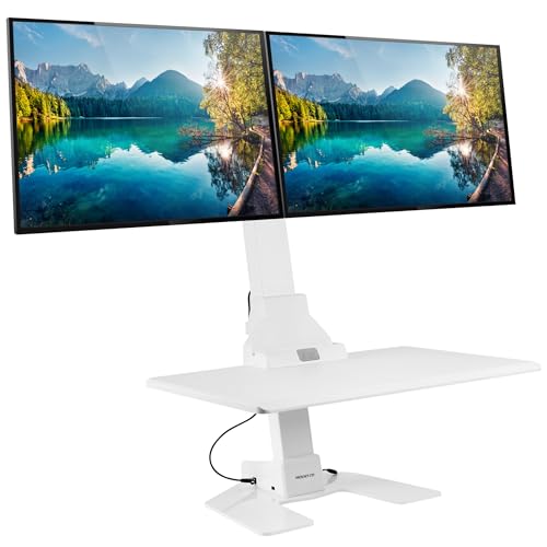 Mount-It! Electric Standing Desk Converter, Motorized Sit Stand Desk Riser with Dual Monitor Mounts, Adjustable Height Ergonomic Workstation with 28” Wide Platform and Tablet/Phone Slot, White - color: White, size: Dual Monitor
