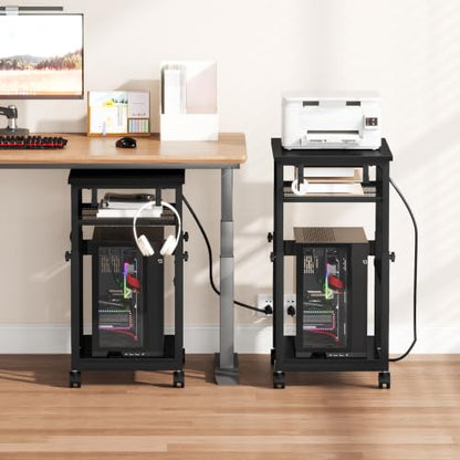 Snughome 3-Tier Extra-Large Computer Tower Stand with Charging Station, 25.2''-35.8'' Height-Adjustable PC Tower Stand, Rolling CPU Cart with Lockable Wheels for Office Home Gaming - size: 23.62" L x 15.75" W x 35.8"