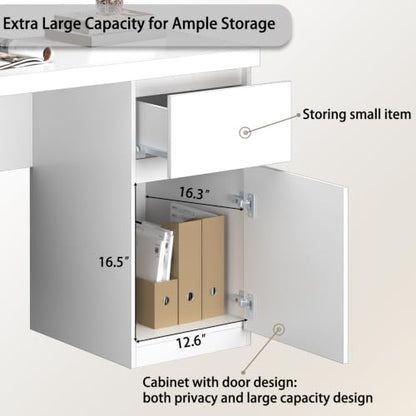furtble White Desk with Drawers, 43 Inch Small Cute Desk for Bedroom, Home Office PC Desks Workstation Study Table Desks with Storage, White