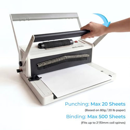 Spiral Binding Machine with Electric Coil Inserter, 20-Sheet Punch | 4:1 Pitch, 46 Fully Disengageable Pins, Binds up to 500 Sheets, 100 Coils, Crimping Pliers, Letter A4 A5 Legal