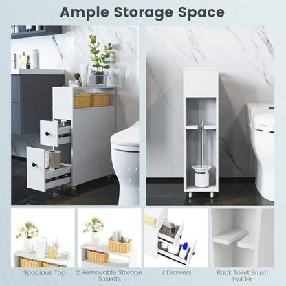 Tangkula Slim Bathroom Storage Cabinet, Movable Narrow Toilet Side Cabinet w/2 Slide Out Drawers, 2 Rattan Baskets & Shelves, Toilet Paper Holder on Wheels for Small Spaces