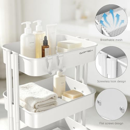 3 Tier Rolling Cart Metal Utility Cart with Lockable Wheels Home Office - color: White, size: Small
