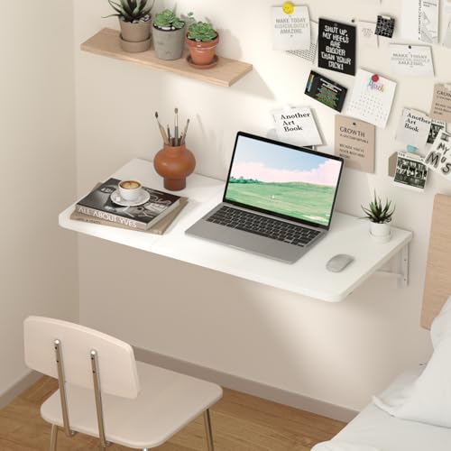 TEAMIX Wall Mounted Folding Desk for Small Spaces - White, 29.9 x 15.7inch | Heavy-duty Brackets, Space-saving, Use as Home Office Computer Desk, Drop Leaf Dining Table, Laundry Shelf, or Balcony Table - color: White, size: 29.9"W x 15.7"D