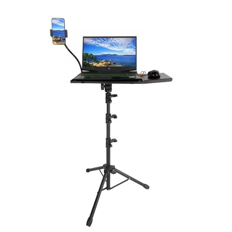 Laptop Tripod Stand – Adjustable Laptop Holder with Phone Mount | Heavy- Duty Alloy Tripod Stand with Tray | Height Adjustable 0.65–1.6m | Portable, Foldable, 15kg Load Capacity | Black