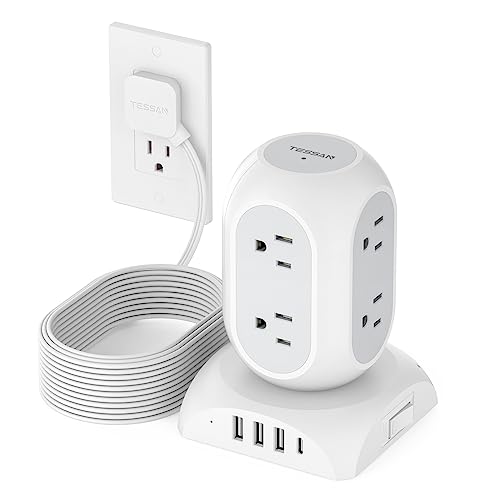 TESSAN Flat Plug Tower Power Strip with 1050J Surge Protector, 10 Ft, Grey | 8 AC with 4 USB Ports (1 USB C), Multiple Plug Power Tower with 8 Widely Spaced Outlets for Home, Office, Dorm Room - color: White