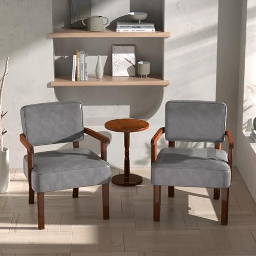 FAGAGA Accent Chairs Set of 2, 2 Solid Wood Armchairs with Side Table | Faux Leather Chair with Soft Thicken Cushion, Comfy Reading Chair for Bedroom, Waiting Room, Home Office, Easy Assembly - color: Faux Leather Gray, size: Set of 2 with table