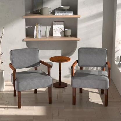 FAGAGA Accent Chairs Set of 2, 2 Solid Wood Armchairs with Side Table | Faux Leather Chair with Soft Thicken Cushion, Comfy Reading Chair for Bedroom, Waiting Room, Home Office, Easy Assembly - color: Faux Leather Gray, size: Set of 2 with table