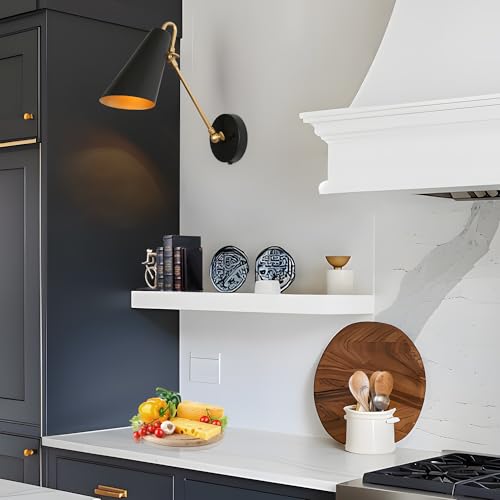 KSANA Swing Arm Wall Lamp, Black and Gold Plug in or Hardwired Wall Sconces, Modern Adjustable Arm Light Fixture with On/Off Switch for Bedroom, Kitchen, Hallway and Living Room - size: Swing Arm - Cone Shade