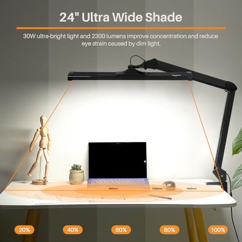 24-Inch LED Architect Desk Lamp with Clamp, 30W 2300LM, Black | 180 SMD LEDs with reinforced dual metal arms deliver eye-caring lighting and 5 brightness levels for drafting and reading - color: Black, size: Non-CCT