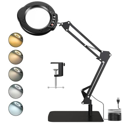 15X Magnifying Glass with Light, Real Glass Lens, 84 LEDs, 5 Color Modes Stepless Dimmable, Adjustable Swing Arm with Clamp and Base, Hands-Free Magnifier for Crafts, Reading, Repair, Close Work