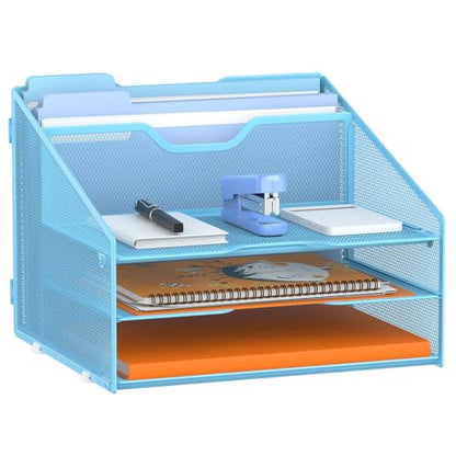 GAWERK Letter Tray Organizer, Mesh Desk File Organizer with 3 Paper Trays and 2 Vertical Upright Section (Blue) - color: Blue