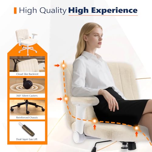 VINGLI Criss Cross Chair with Adjustable Flip-Up Arms,Cross Legged Chair with Wheels, Extra Wide Office Chair,Cozy Desk Chair for Home Office, Vanity, Apartment,Chenille Velvet,Beige - color: Beige
