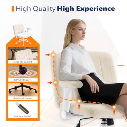 VINGLI Criss Cross Chair with Adjustable Flip-Up Arms,Cross Legged Chair with Wheels, Extra Wide Office Chair,Cozy Desk Chair for Home Office, Vanity, Apartment,Chenille Velvet,Beige - color: Beige