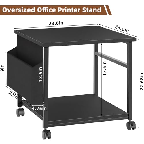 Lerliuo Black Large Printer Stand with Storage | 23.6" W x 23.6" D x 22.8" H Printer Table for Home Office, Rolling Printer Cart Holder with Lockable Wheels & Side Pocket - color: Black