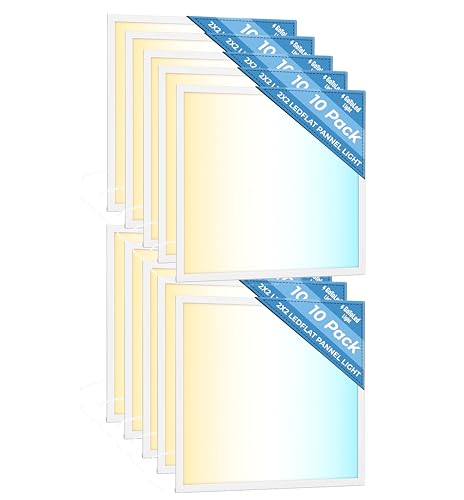 10 Pack 2x2 LED Flat Panel Light for Drop Ceiling, 5200lm Selectable 20W/25W/30W/35W/40W, Color Temperature 3000K/3500K/4000K/5000K/6500K, 0-10V Dimmable, 120-277V, ETL - size: 2x2 FT LED - 10 PACK