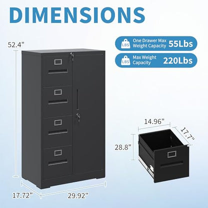 4 Drawer File Cabinet with Lock & 1 Door, Metal Storage Unit with Shelves and Hanging Rod, Vertical Filing Cabinet for Home Office, Fits Letter/Legal/A4/F4, Easy Assembly (Black) - color: Black