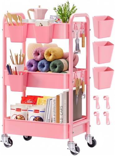 3 Tier Rolling Cart Metal with Lockable Wheels, Pink Three Tiered Diaper Caddy Cart Organizer on Wheels, Storage Utility Trolley Carts for Craft, Art, Nail, Lash, Baby Supplies, Cleaning, Mesh - color: Soft Pink, size: 3 Tier + Cups + Hooks