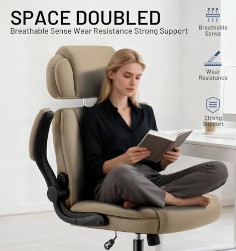 Ergonomic Office Chair with Lumbar Support, 400lbs Heavy Duty Big and Tall Executive Desk Chair, PU Leather High Back Computer Chair with Flip-Up Arms & Adjustable Headrest, Khaki - color: Khaki, size: Adjustable Headrest Office Chair