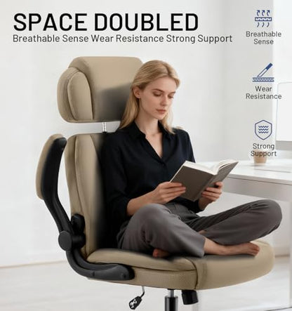 Ergonomic Office Chair with Lumbar Support, 400lbs Heavy Duty Big and Tall Executive Desk Chair, PU Leather High Back Computer Chair with Flip-Up Arms & Adjustable Headrest, Khaki - color: Khaki, size: Adjustable Headrest Office Chair