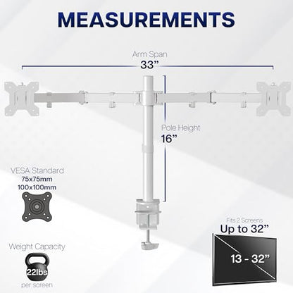 VIVO Dual Monitor Desk Mount, Heavy Duty Fully Adjustable Stand, Fits 2 LCD LED Screens up to 32 inches, White, STAND-V032W - color: White, size: 13" - 32"